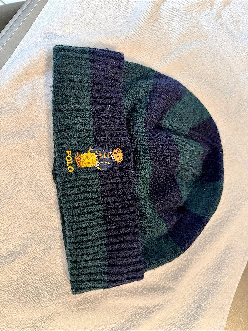 Polo Ralph Lauren Polo Bear Striped Rib-Knit Beanie Green & Black